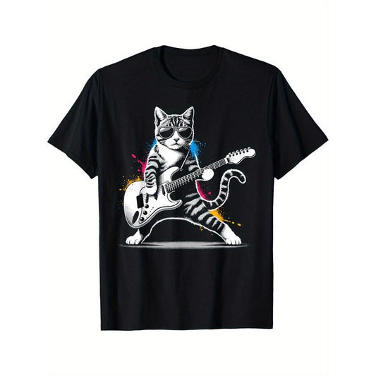 Guitar Cat Novelty Rock Music Band Concert Funny Cat T-Shirt Selected pure cotton interesting short sleeve t-shirt for men, soft and breathable, suitable for all seasons, comfortable, casual and sports, Halloween and Christmas gifts  made in usa