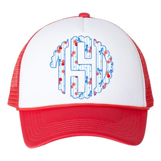 HAT - Cherry Stripe Monogram Foam Mesh Trucker Hat 'NLB'