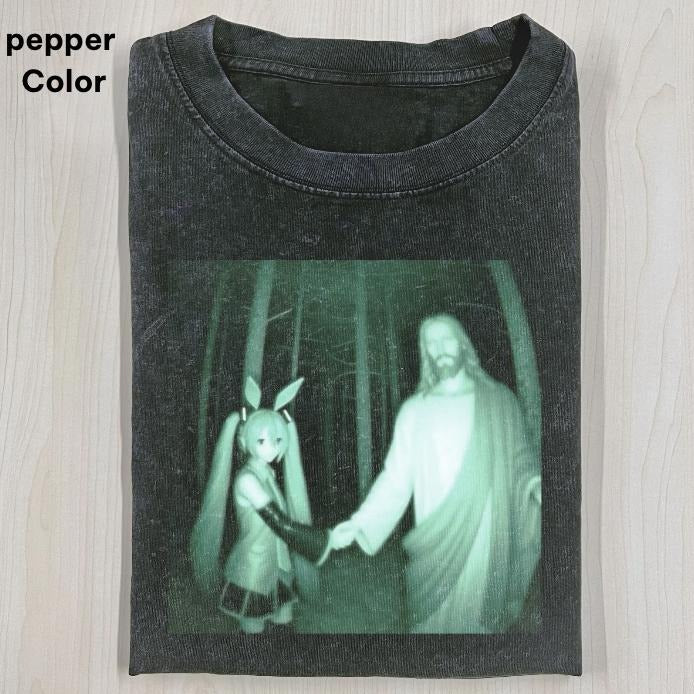 HATSUNE MIKU & JESUS T-SHIRT,  Vocaloic Shirt, Funny Graphic T-shirt, Unisex Movie Shirt Menswear Womenswear