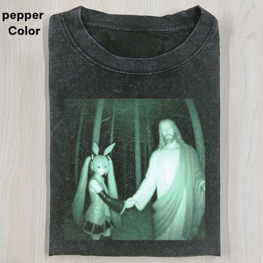 HATSUNE MIKU & JESUS T-SHIRT,  Vocaloic Shirt, Funny Graphic T-shirt, Unisex Movie Shirt Menswear Womenswear