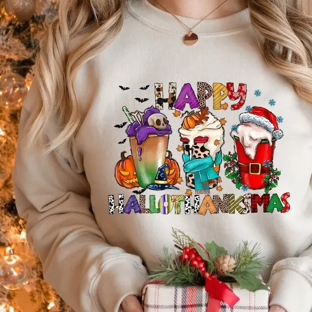 HalloThanksMas Sweatshirt, Holiday Season Shirt, Holiday Gnome Shirt, Halloween Sweatshirt, Thanksgiving Sweatshirt, Christmas Sweatshirt, Holiday Season Gift, Gift For Men, Gift For Women