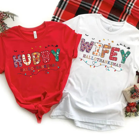 Hallothanksmas Wifey and Hubby T-shirt, Halloween Thanksgiving Christmas Shirt, Holiday Season Tee, Fall Shirt, Family Matching Tshirt