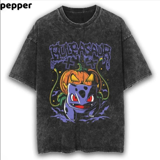 Halloween Bulbasaur Washed Vintage Tee , Halloween Bulbasaur Shirt Anime, Pokemon Shirt, Pokemon Merch, Manga Shirt, Pokemon for fan, Gift for him, Gift for her Menswear Top Streetwear Underwear Tshirt Tropical Shoe T-Shirt Shortsleeve Bestie Crewneck