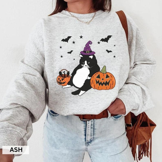 Halloween Cat Sweater, Tuxedo Cat Halloween Crewneck, Cat Sweatshirt, Spooky Cat Sweater, Pumpkin Sweatshirt, Funny Spooky Kitty Chonk