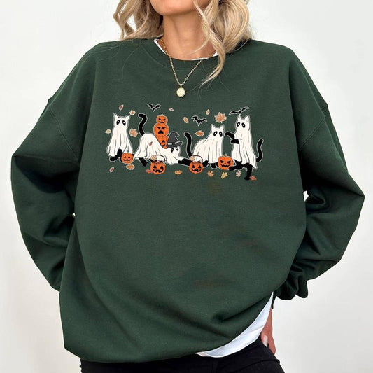 Halloween Cats Shirt, Funny Ghost Cats T-shirt, Halloween Shirt For Cat Mom, Cat Lover Tees, Happy Halloween Crewneck, Retro Spooky Season, Ghost Shirt, Autumn Casual Women's Tops, Fall Winter Womenswear, Comfort Cotton Fabric Short Sleeve Relaxed Tee