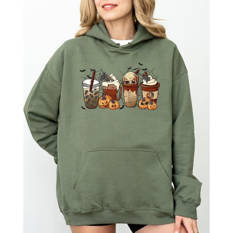 Halloween Coffee, Retro, Skeleton, Ghost, Witch, Skull, Spooky, Aesthetic, Meme, Halloween, Costume, Hoodie, Hooded Sweatshirt, Women's Crew Neck, Crewneck