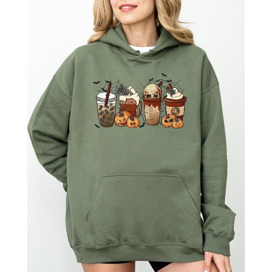 Halloween Coffee, Retro, Skeleton, Ghost, Witch, Skull, Spooky, Aesthetic, Meme, Halloween, Costume, Hoodie, Hooded Sweatshirt, Women's Crew Neck, Crewneck