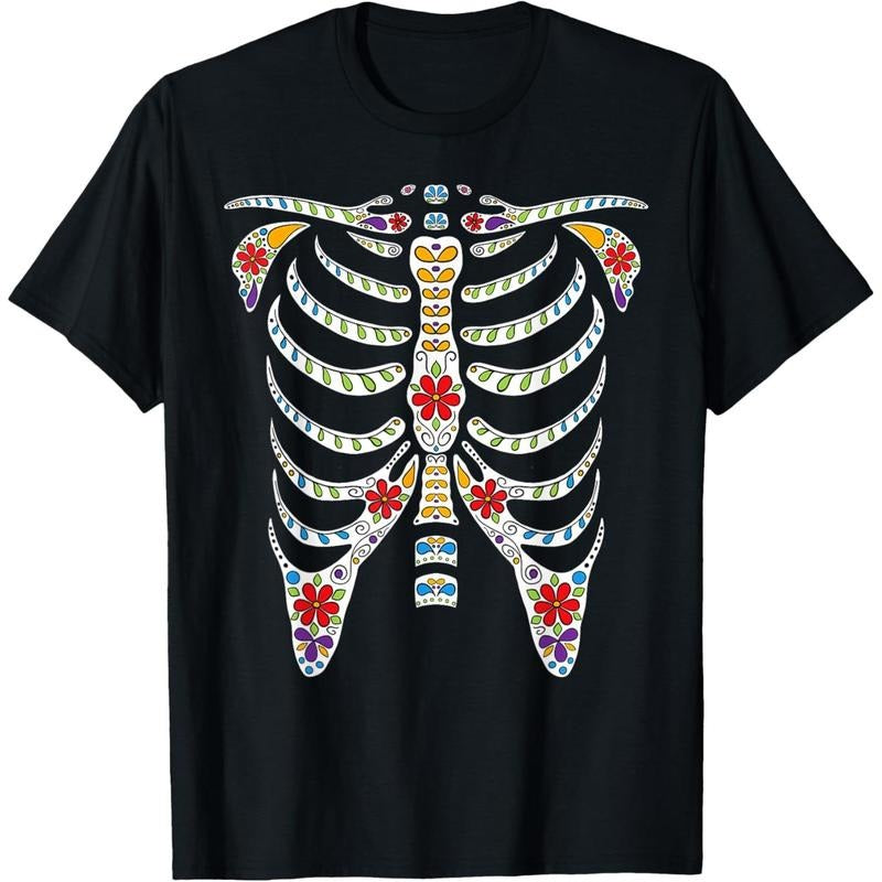 Halloween Day of Dead Skeleton Flowers Decorated T-Shirt made in usa