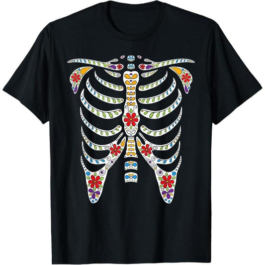 Halloween Day of Dead Skeleton Flowers Decorated T-Shirt made in usa