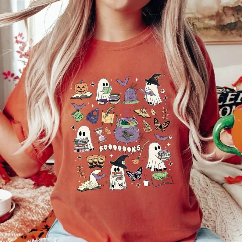 Halloween Doodle Shirt for Book Lovers, Funny Bookish Cute Witchy Shirt, Spooky Season Tee for Reading, Halloween Graphic T-shirt for Reader