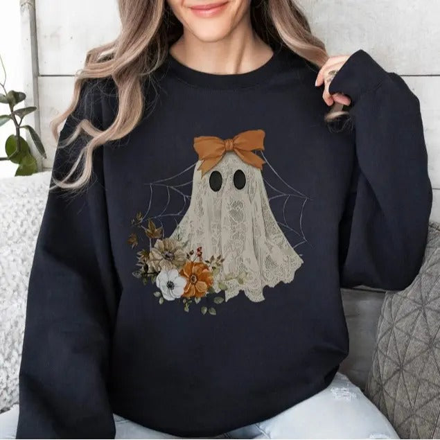 Halloween Lace Ghost Sweatshirt, Spooky Coquette Shirt, Girly Ghost Orange Bow Shirt, Lacey Ghost Tee, Spooky Season Top Outfit, T-shirt, Sweatshirt, Gift For All