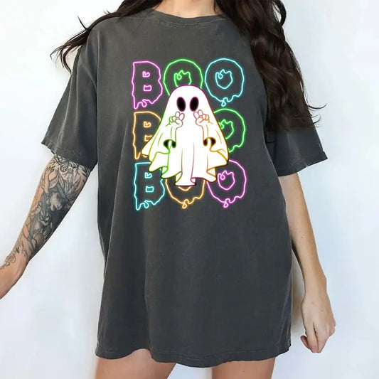 Halloween Neon Boo Shirt Comfort Colors, Cute Neon Ghost Halloween Tee, Funny Halloween Neon T-shirt For Women, Spooky Season Tshirt, Halloween Party Tee for Girls, Oversized Casual Womenswear, Unhinged Women's Tops, Comfy Cotton Fabric Fit Chic Style