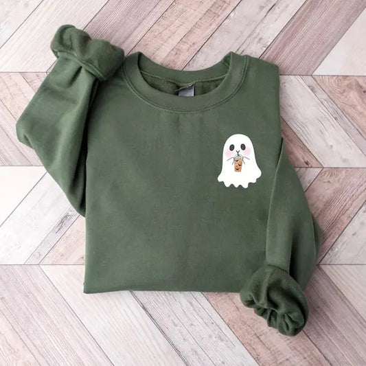 Halloween Pocket Size Ghost Shirt, Little Ghost Coffee Tee,Ghost Pocket Tee,Spooky Season,Halloween Shirt,Cute Ghost Drinking Coffee