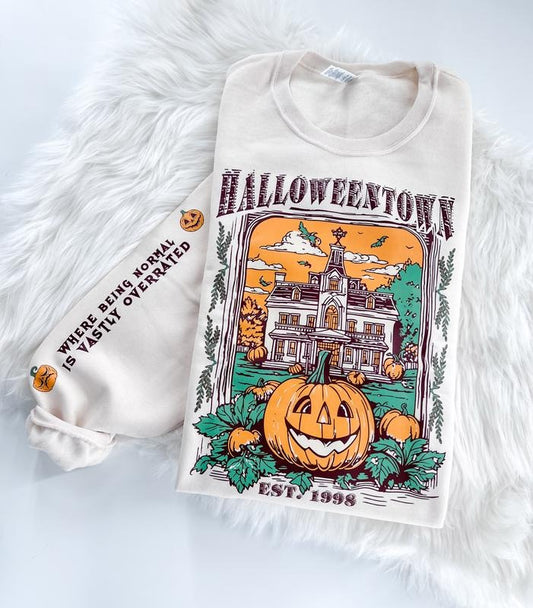 Halloween Pumpkin Town Sweatshirt or Hoodie with Sleeve Prints Comfy Unisex Tops Casual Cotton Poly Blend Soft Fabric DTF Printed