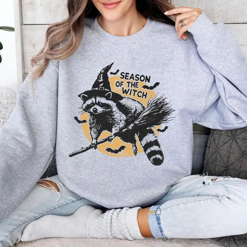 Halloween Raccoon Sweatshirt, Funny Halloween Shirt, Sarcastic Halloween Tee, Season of the Witch Cotton Womenswear Grey Hoodie