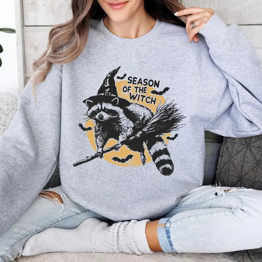 Halloween Raccoon Sweatshirt, Funny Halloween Shirt, Sarcastic Halloween Tee, Season of the Witch Cotton Womenswear Grey Hoodie