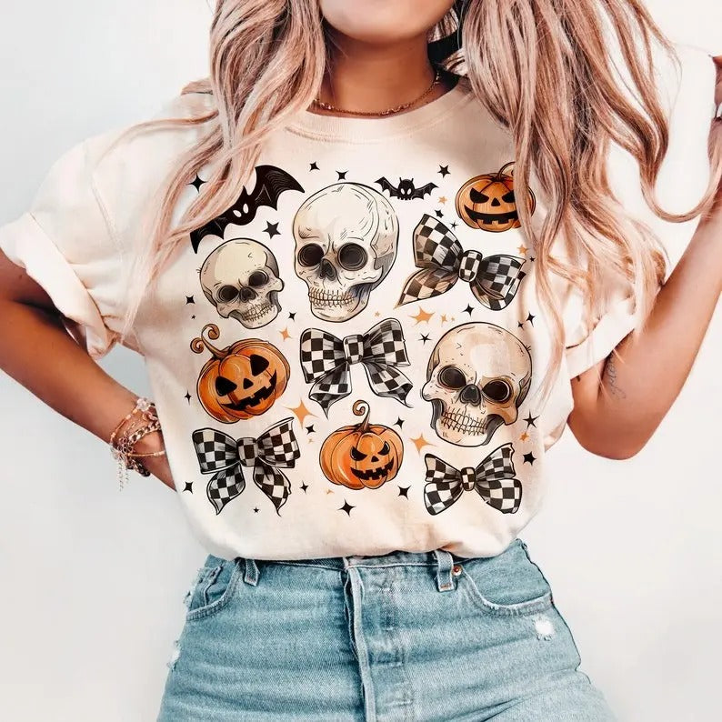 Halloween Skull Bow Shirt, Coquette Bow Halloween Sweatshirt, Halloween Tee, Skeleton Spooky Season T-shirt, Coquette Halloween T-shirt