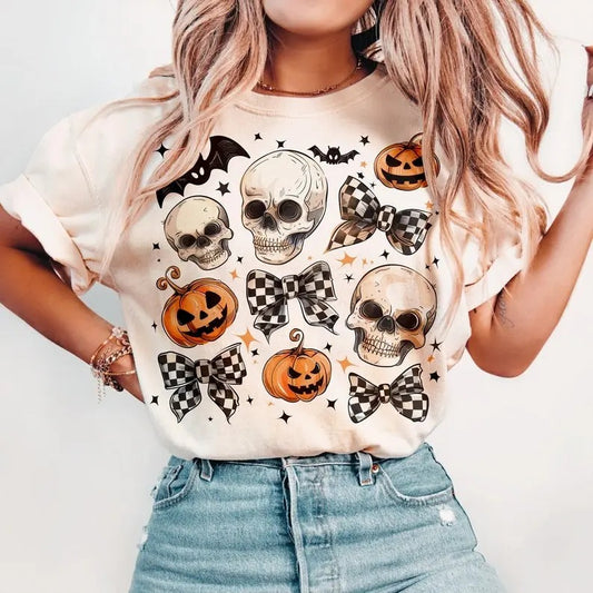 Halloween Skull Bow Shirt, Coquette Bow Halloween Sweatshirt, Halloween Tee, Skeleton Spooky Season T-shirt, Coquette Halloween T-shirt