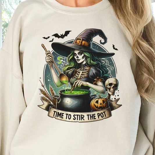 Halloween Sweatshirt Witch Halloween Sweatshirt Time to Stire the Pot Pullover Time to Stir the Pot Witch Hoodie Sarcastic Witch Skull Sweatshirt Skeleton Halloween Pullover Womens Halloween Hoodie
