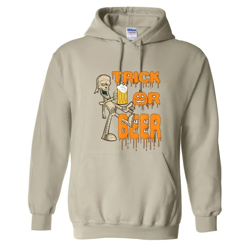 Halloween Trick or Beer Hoodie - Fun Mummy Drinking Beer Graphic, Perfect for Halloween Parties and Beer Lovers, Cozy Sweatshirt for Spooky Season