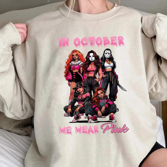Halloween We Wear Pink Shirt, Halloween Horror Characters T-Shirt Sweatshirt Hoodie, Breast Cancer Awareness Shirt
