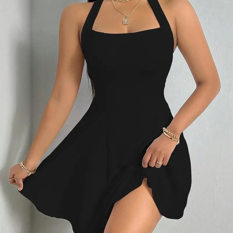 Halter Neck Backless Ruffle Hem Party A Line Stretchy Mini Cami DressY2K