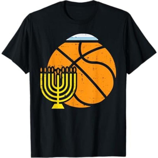 Hanukkah Basketball Candlestick T-Shirt - 100% Cotton, Short Sleeve, Geometric Design for Sports Enthusiasts made in usa