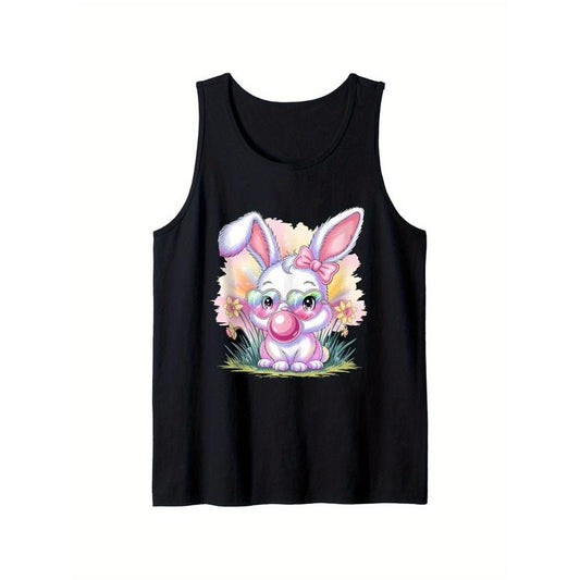Happy Easter Day Bunny Eggs Cute Happy Easter Bunny Tank Top, 100% Cotton, Single-Sided Printing, Holiday Casual Black Short-Sleeved Vest, Gift for Yourself, Family And Friends, S-XXXL, 1pc, Fabric Weight 180G