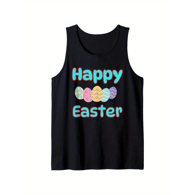 Happy Easter Day, Cute Colorful Egg Hunting Women Tank Top, 100% Cotton, Single-Sided Printing, Holiday Casual Black Short-Sleeved Vest, Gift for Yourself, Family And Friends, S-XXXL, 1pc, Fabric Weight 180G
