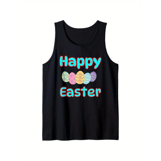 Happy Easter Day, Cute Colorful Egg Hunting Women Tank Top, 100% Cotton, Single-Sided Printing, Holiday Casual Black Short-Sleeved Vest, Gift for Yourself, Family And Friends, S-XXXL, 1pc, Fabric Weight 180G