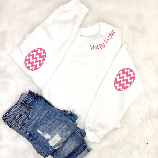 Happy Easter Sweatshirt for Women, Easter Crewneck, Easter Egg Elbow Patches Sweatshirt, Armpatch Sweatshirt, Easter Shirt, Easter Basket
