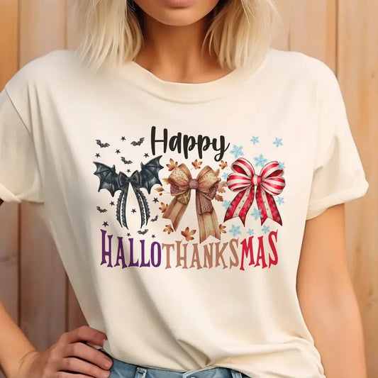 Happy HalloThankMas Tee Coquette HalloThankMas Tshirt Halloween Thanksgiving Christmas T-Shirt Womens Bow Holiday Top HalloThankMas Shirt