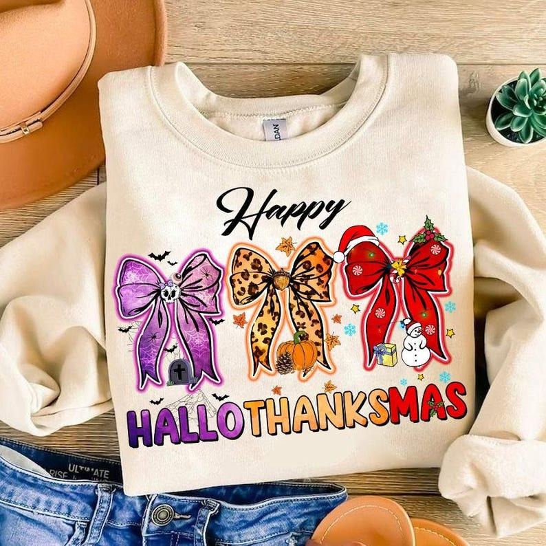 Happy Hallothanksmas Coquette Bow Sweatshirt, Halloween, Thanksgiving, Christmas, Pumpkin Spice, Snowmen, Pie, Hallothanksmas Sublimation Womenswear Check Hoodie Sweaters Hoodie Sweaters
