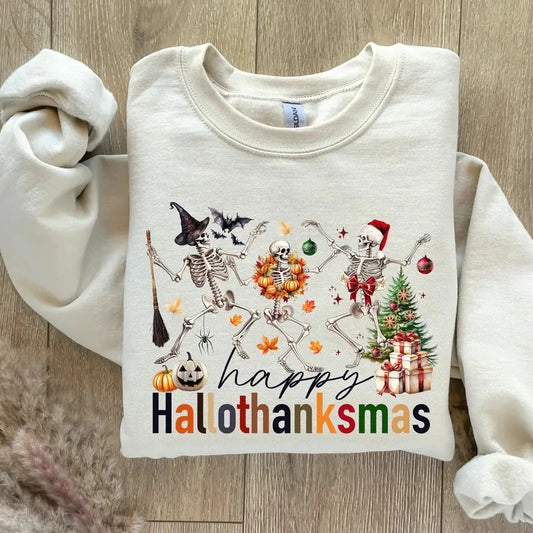 Happy Hallothanksmas Shirt - Skeleton Shirt - Happy Christmas Shirt - Holiday Season Gift - Funny Halloween Shirt - Thanksgiving Sweatshirtstyle{n002}2