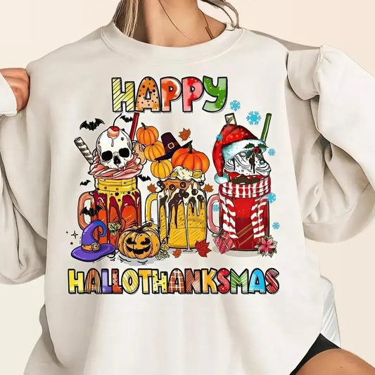 Happy Hallothanksmas Shirt, Christmas Holiday Season Tee Tops Crewneck Cotton