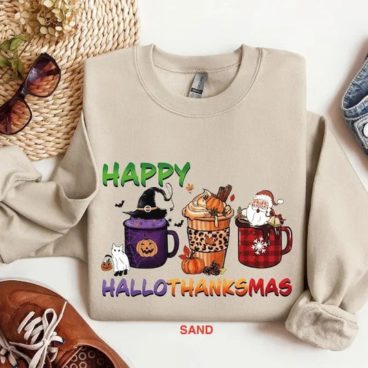 Happy Hallothanksmas Sweatshirt, Hallothanksmas Shirt, Halloween Sweatshirt, Halloween Gift For Woman, Christmas Sweatshirt,Thanksgiving Tee