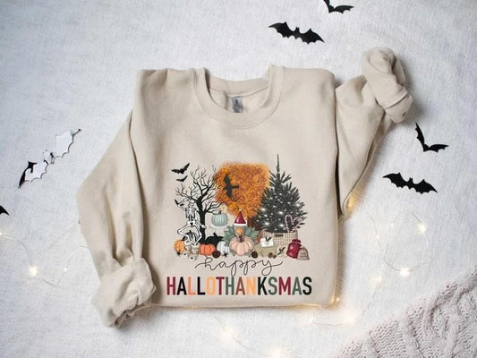 Happy Hallothanksmas Sweatshirt, Halloween Gift For Women ,Christmas Sweatshirt, Cute Halloween Sweater,  Halloween Sweatshirt