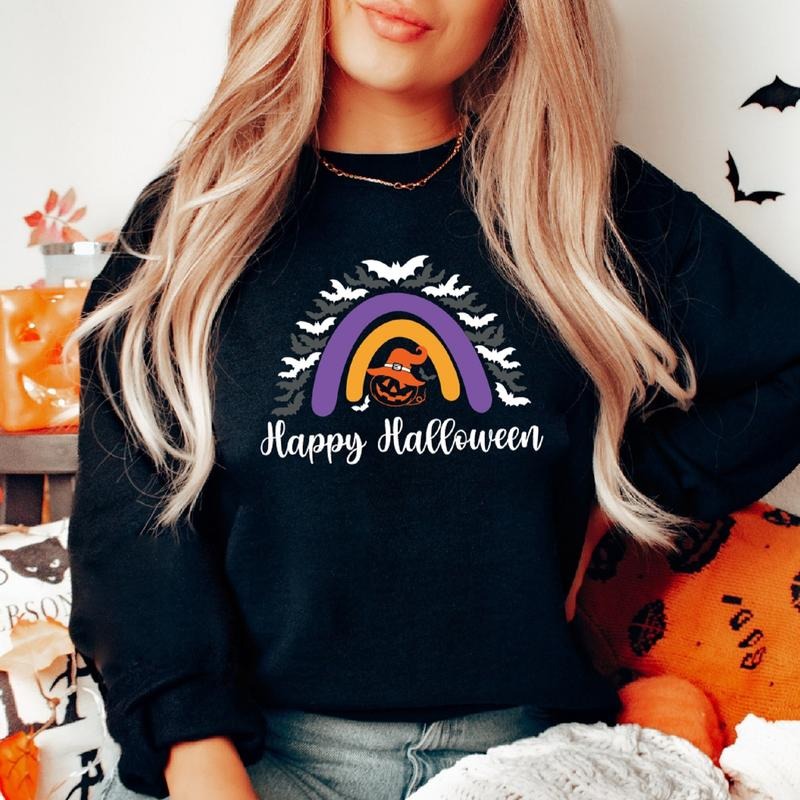 Happy Halloween Sweatshirt, Matching Halloween Rainbow Hoodie, Spooky Pumpkin Gift Sweater, Spooky Season Long Sleeve, Trick Or Treat Sweatshirt.