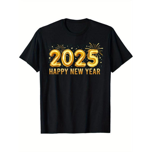 Happy New Year 2025 New Year's Eve Party Fireworks Happy Hello 2025 T-shirt Black Casual Short Sleeve Men's Sports T-shirt made in usa