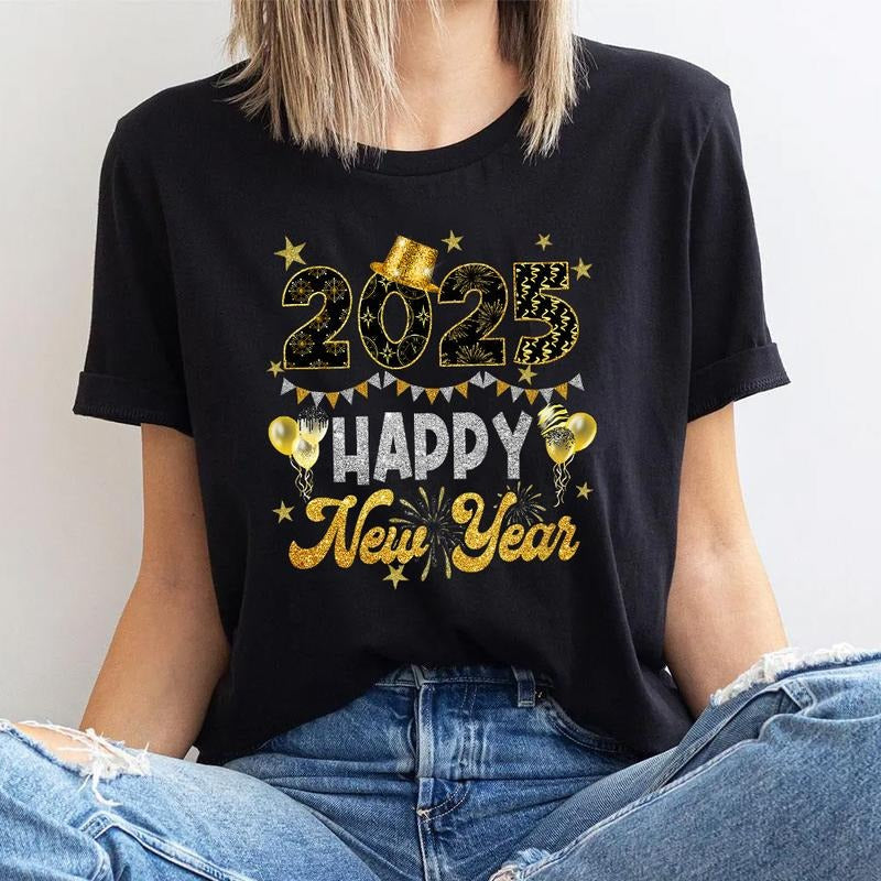 Happy New Year Party 2025 Graphic Tee Pure Cotton Casual Street Style Crew Neck Short Sleeve T-Shirt Tops Trendy For Women For Men, Perfect Gift