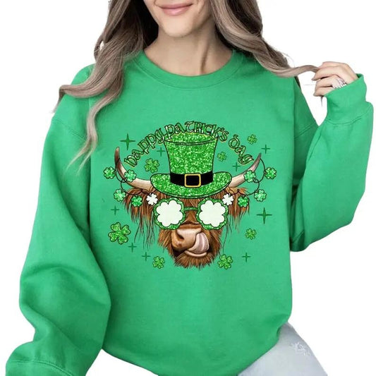 Happy Patrick's Day Sweatshirt,  Hat Patricks Day Highland Cow Shirt, St Patricks Shirt, St Patrick's Day Sweatshirt, Gift For Men Women, Funny St Patricks Day Gifts Sweater, Long Sleeve Tee Crewneck Fit Unisex