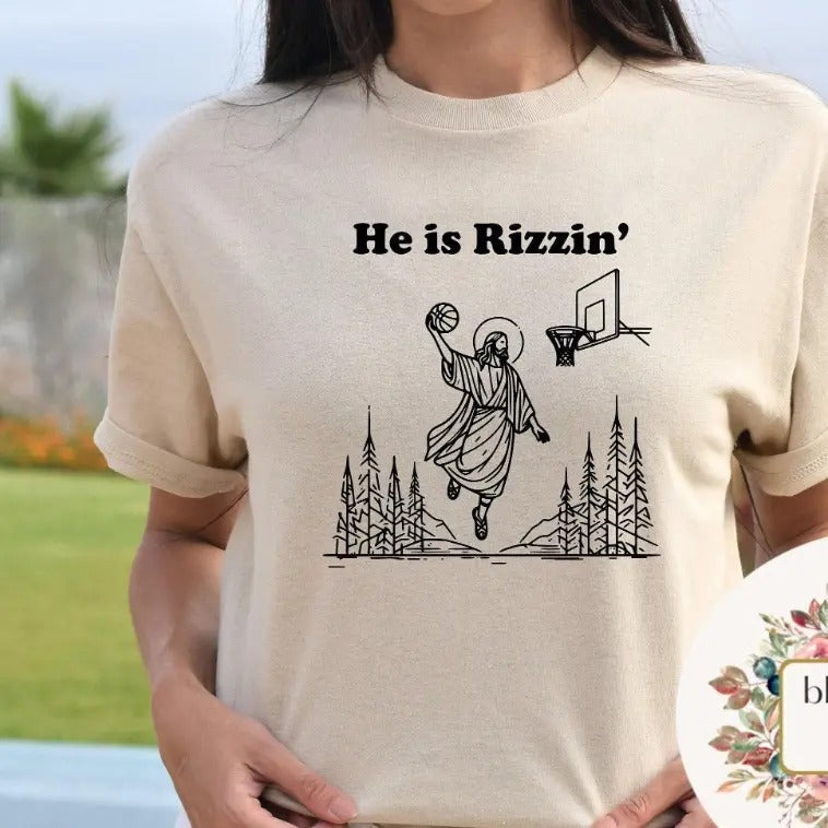 He Is Rizzin' Shirt, Funny Jesus Shirt, Humor Easter Shirt, Christian Easter Shirt, Easter Gift, Easter Day Outfit, Jesus Basketball Easter