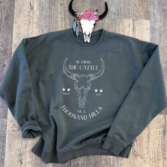 He Owns Cows on a Thousand Hills Sweatshirt, bull skull hoodies, western clothing stuff, western outfits women tops, country western girl clothes hoodies winter outfits for women