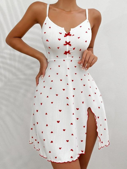 Heart Print Bow Front Lettuce Trim Spaghetti Strap Nightdress Split Slip Dress