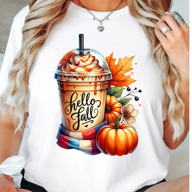 Hello Fall T-Shirt, Women Fall Shirt, Happy Fall Tee, Halloween Fall Tee, Fall Pumpkin Tee, Fall Vibes Short Sleeve, Spooky Seasons T-Shirt.
