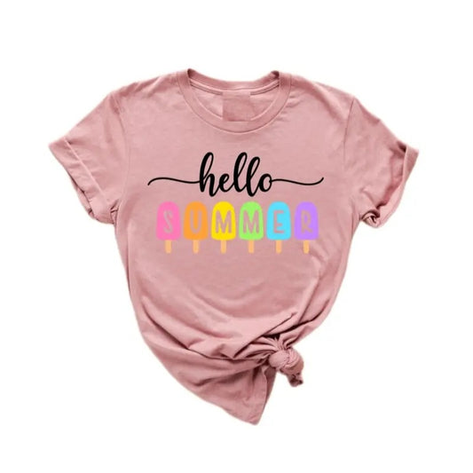 Hello Summer Shirt, Popsicle Written Summer Welcome Outfit, Holiday Summer Shirt, Family Vacation Apparel, Gift For Traveler, Unisex T-Shirt, Gifts For Him Her, Short Sleeve Tee Shirt