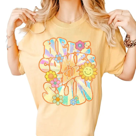 Here Comes The Sun Shirt, Retro Style T Shirt, Hippie Tee, Vintage Inspired Cotton T Shirt, Trendy Summer Tee Shirt, Unisex T-Shirt, Short Sleeve Tee Shirt, Cool Gifts For Women, Gifts For Birthday Fit Top