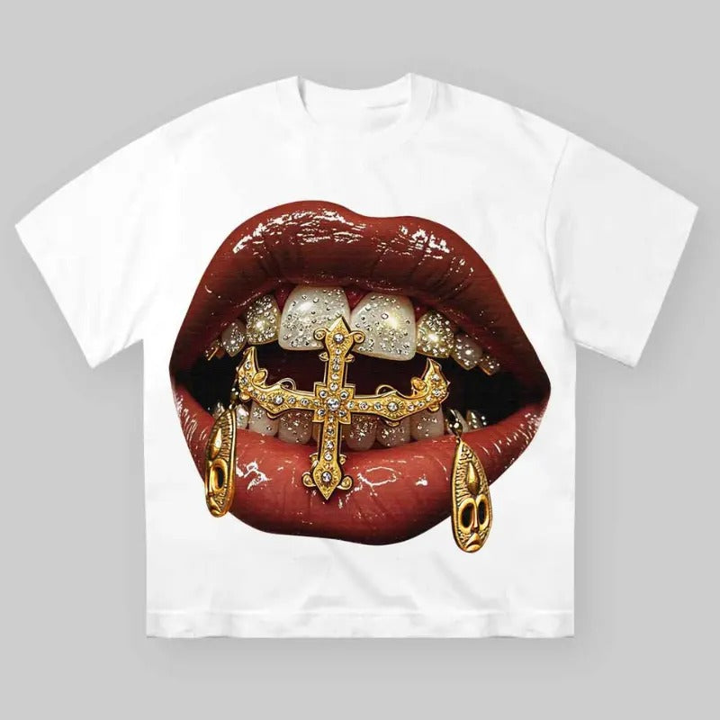 High-Quality Gold Diamond Ring and Mask Culture Lip Print T-shirt, Unisex Cotton Crewneck T-Shirt - Medium, Short Sleeve, Casual Streetwear Tee