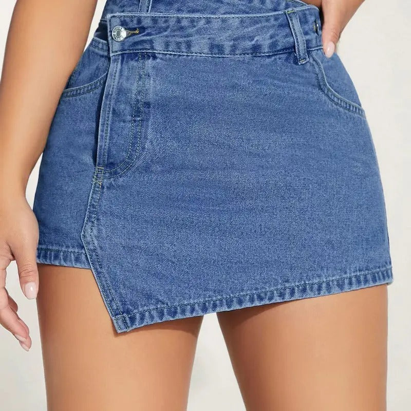 High Waist Asymmetrical Hem Straight Leg Denim Skirt SkortsY2K