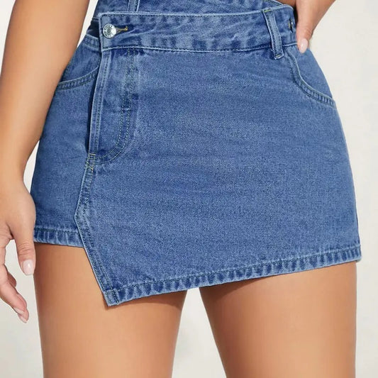 High Waist Asymmetrical Hem Straight Leg Denim Skirt SkortsY2K